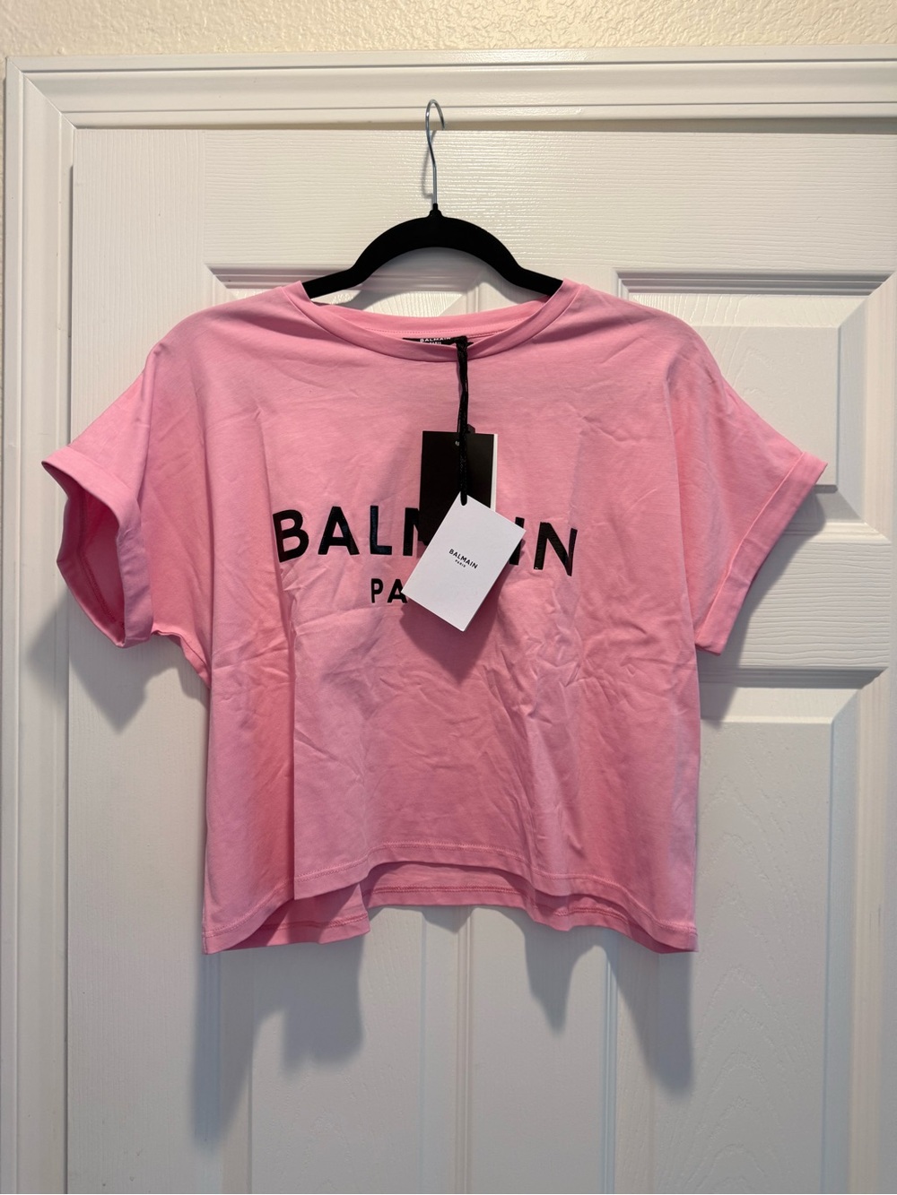 Balmain Pink Logo Cropped Tee